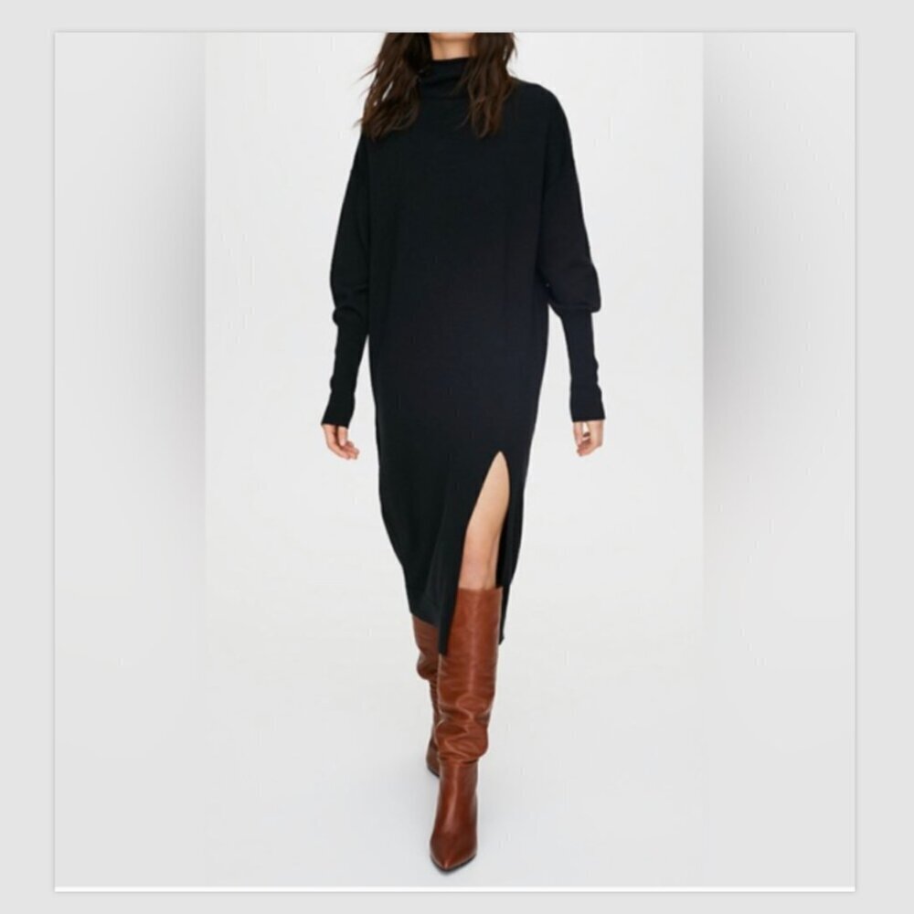 Aritzia Wilfred Cyprie Sweater Dress NWT 100% Italian Merino Wool Black Size 2XS